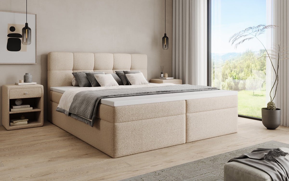 Boxspringbett Cozy II in Teddy Bouclé mit Stauraum