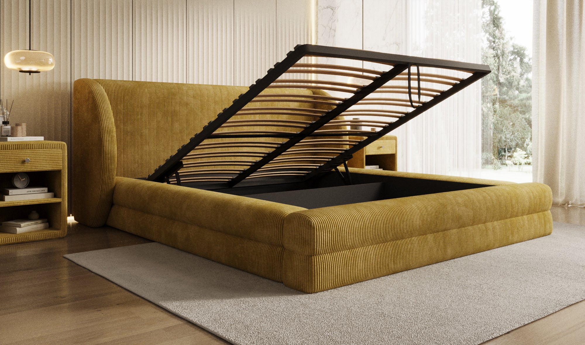 Designer Polsterbett Liv Cord mit Stauraum