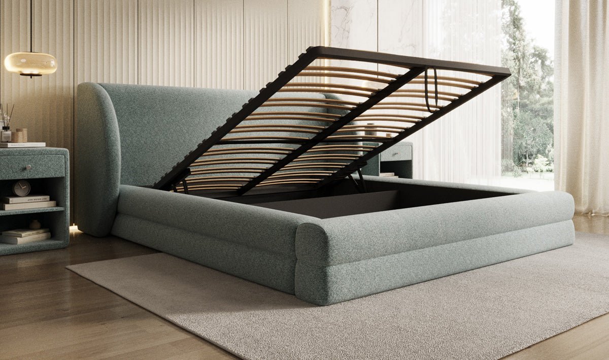 Designer Polsterbett Liv in Strukturstoff mit Stauraum
