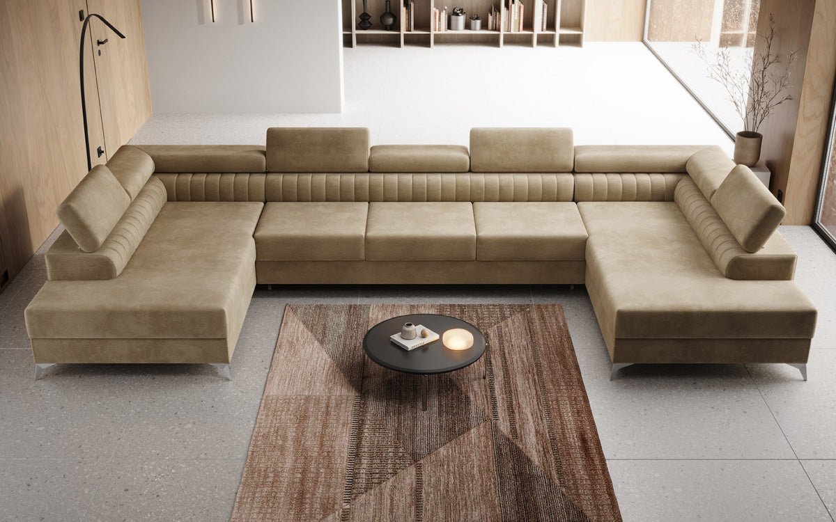 Designer Sofa Aurea U XXL mit Schlaf- und Klappfunktion in Samt