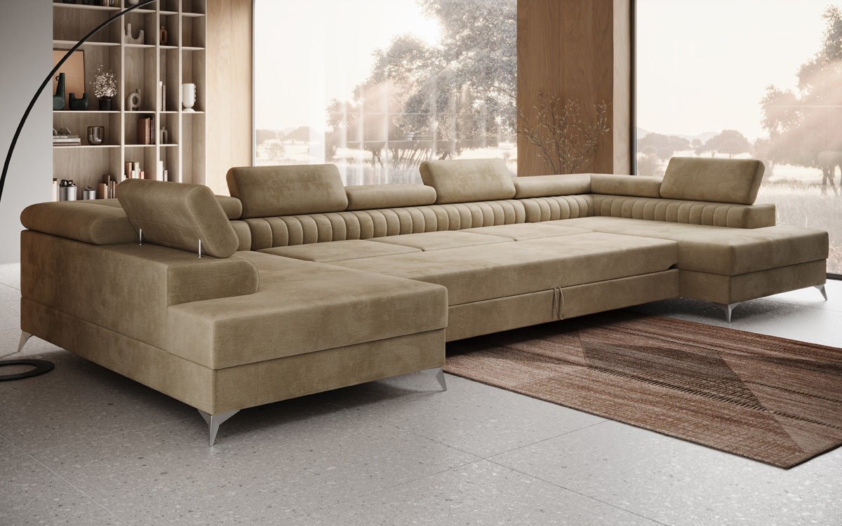 Designer Sofa Aurea U XXL mit Schlaf- und Klappfunktion in Samt