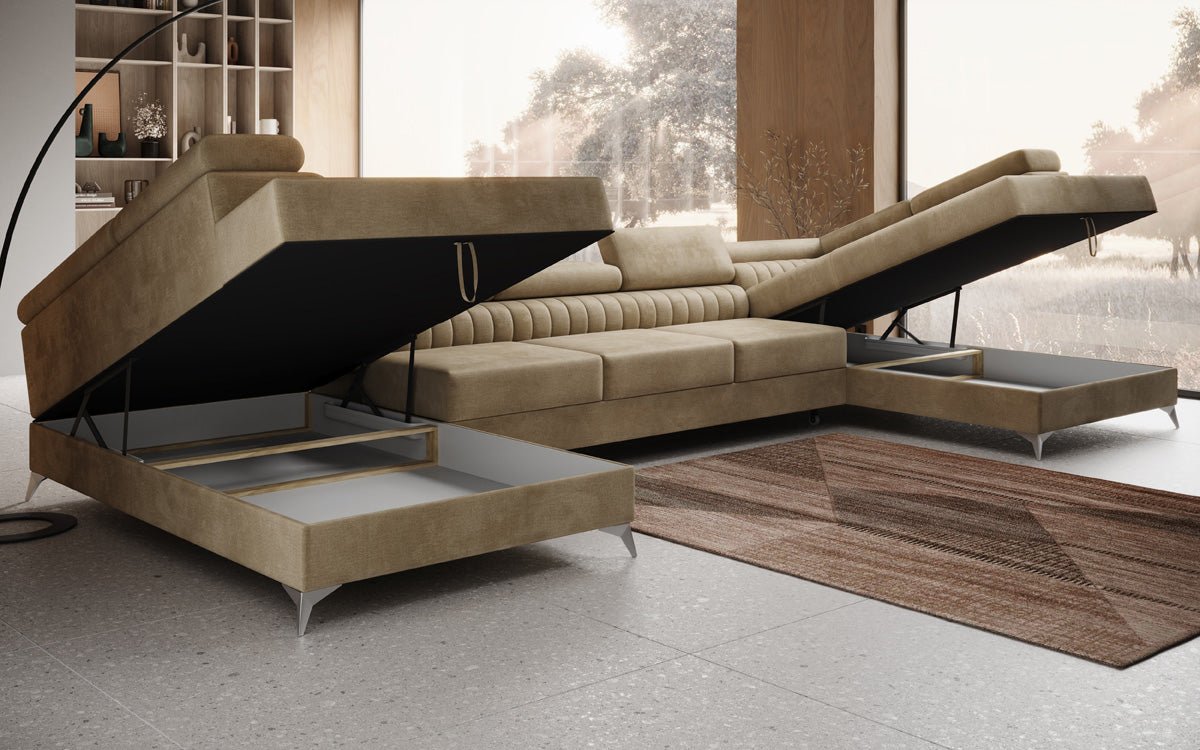 Designer Sofa Aurea U XXL mit Schlaf- und Klappfunktion in Samt