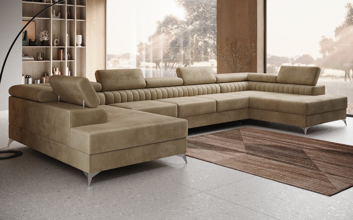 Designer Sofa Aurea U XXL mit Schlaf- und Klappfunktion in Samt