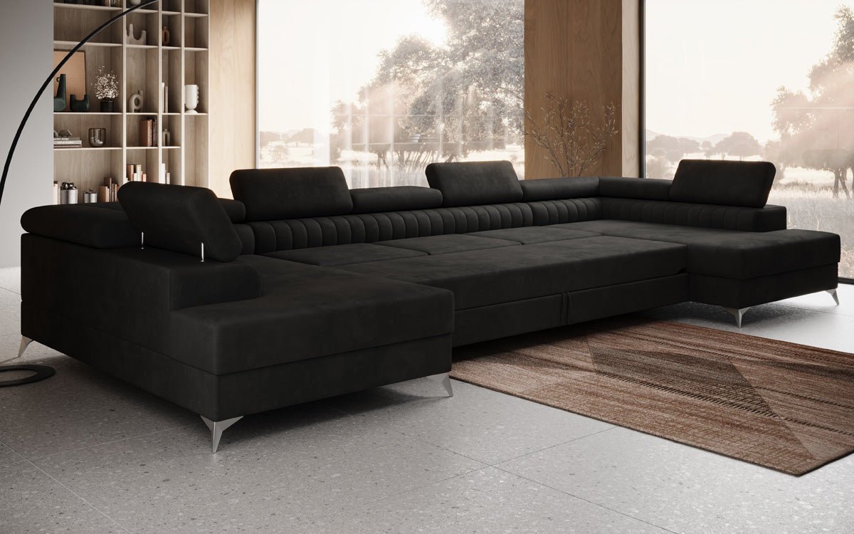 Designer Sofa Aurea U XXL mit Schlaf- und Klappfunktion in Samt