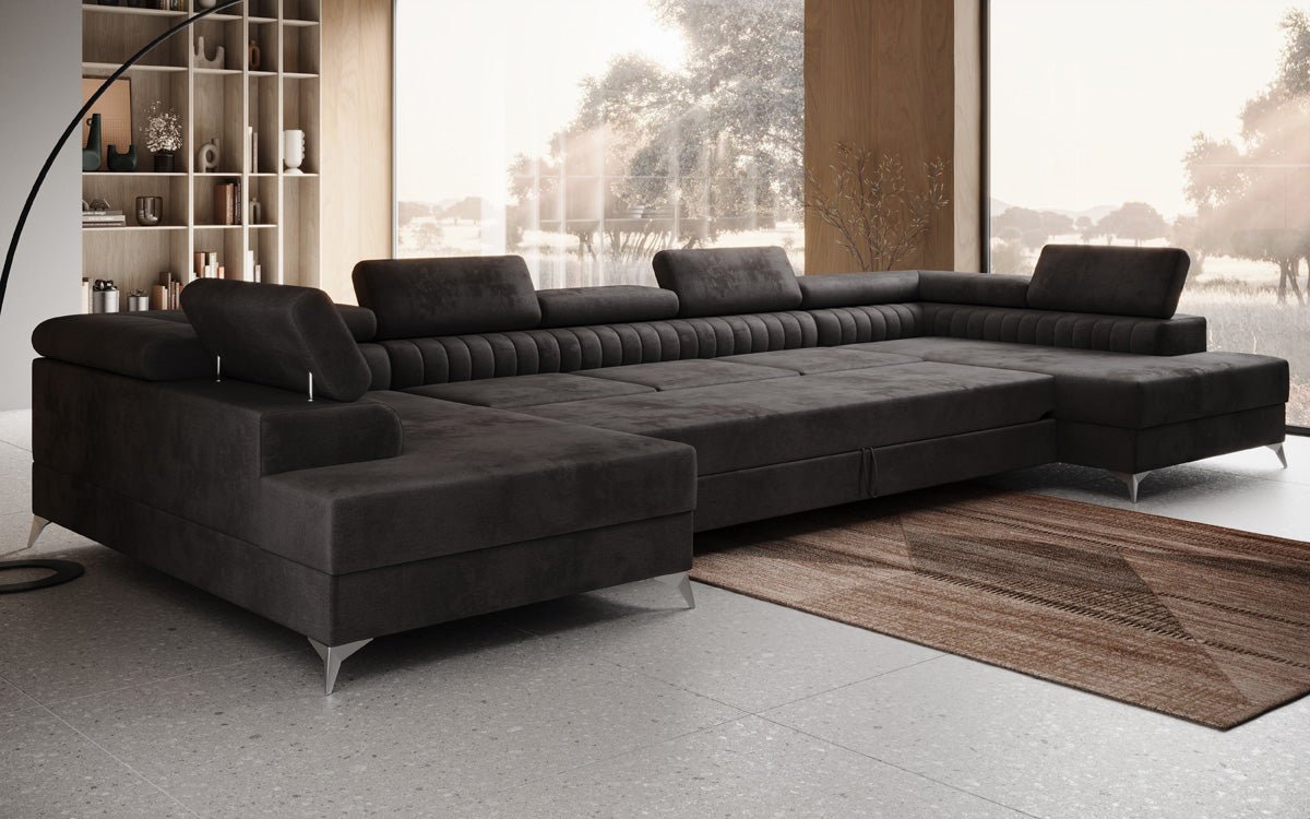 Designer Sofa Aurea U XXL mit Schlaf- und Klappfunktion in Samt