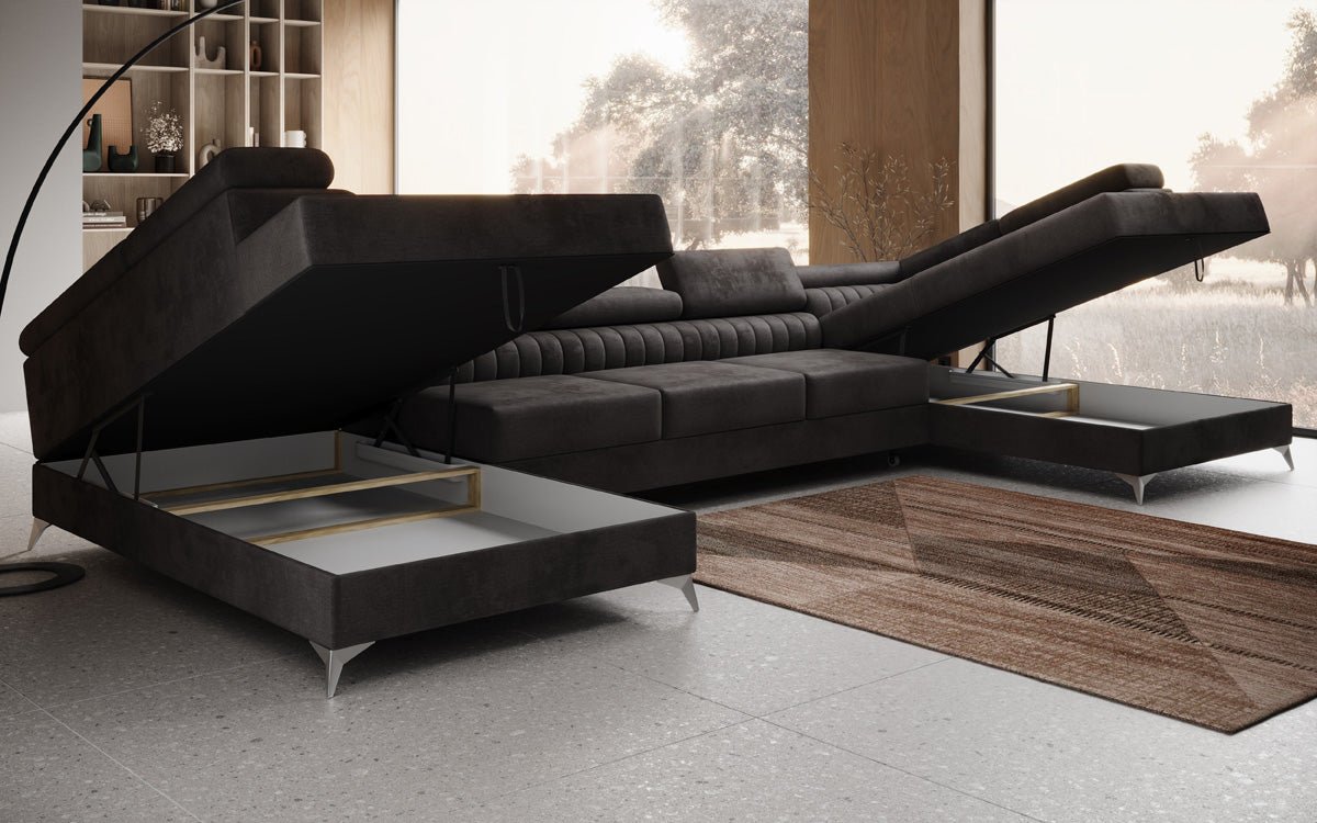 Designer Sofa Aurea U XXL mit Schlaf- und Klappfunktion in Samt