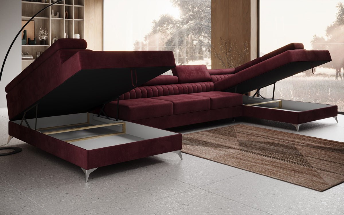 Designer Sofa Aurea U XXL mit Schlaf- und Klappfunktion in Samt