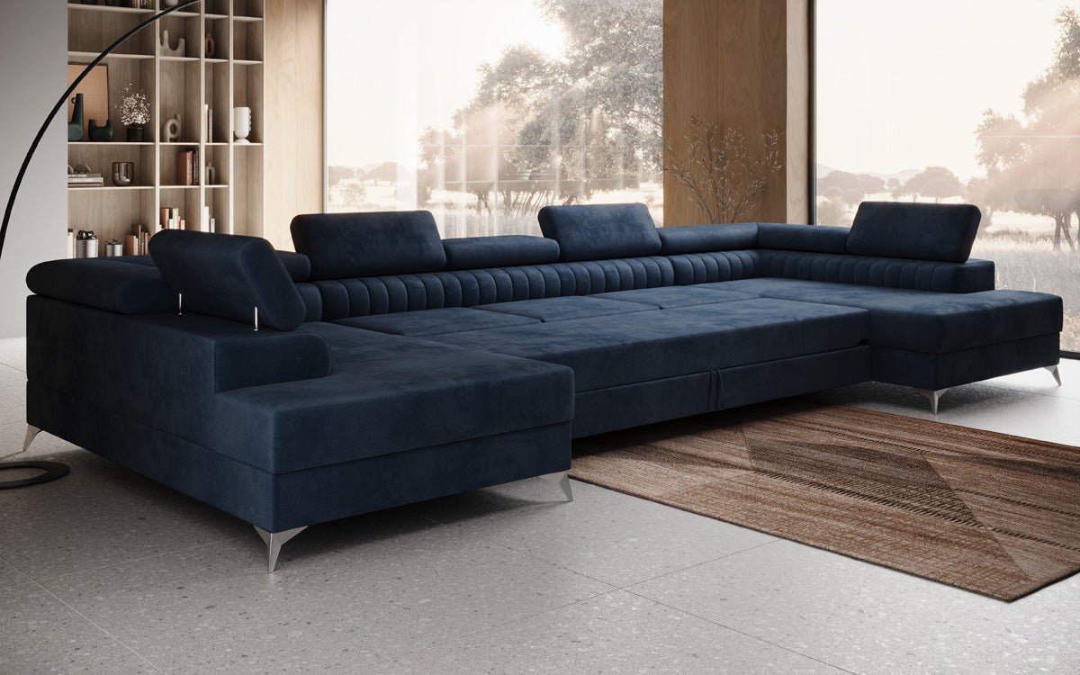 Designer Sofa Aurea U XXL mit Schlaf- und Klappfunktion in Samt