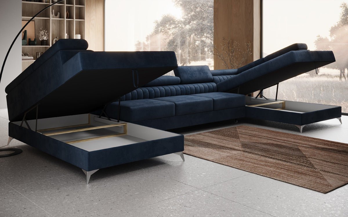 Designer Sofa Aurea U XXL mit Schlaf- und Klappfunktion in Samt