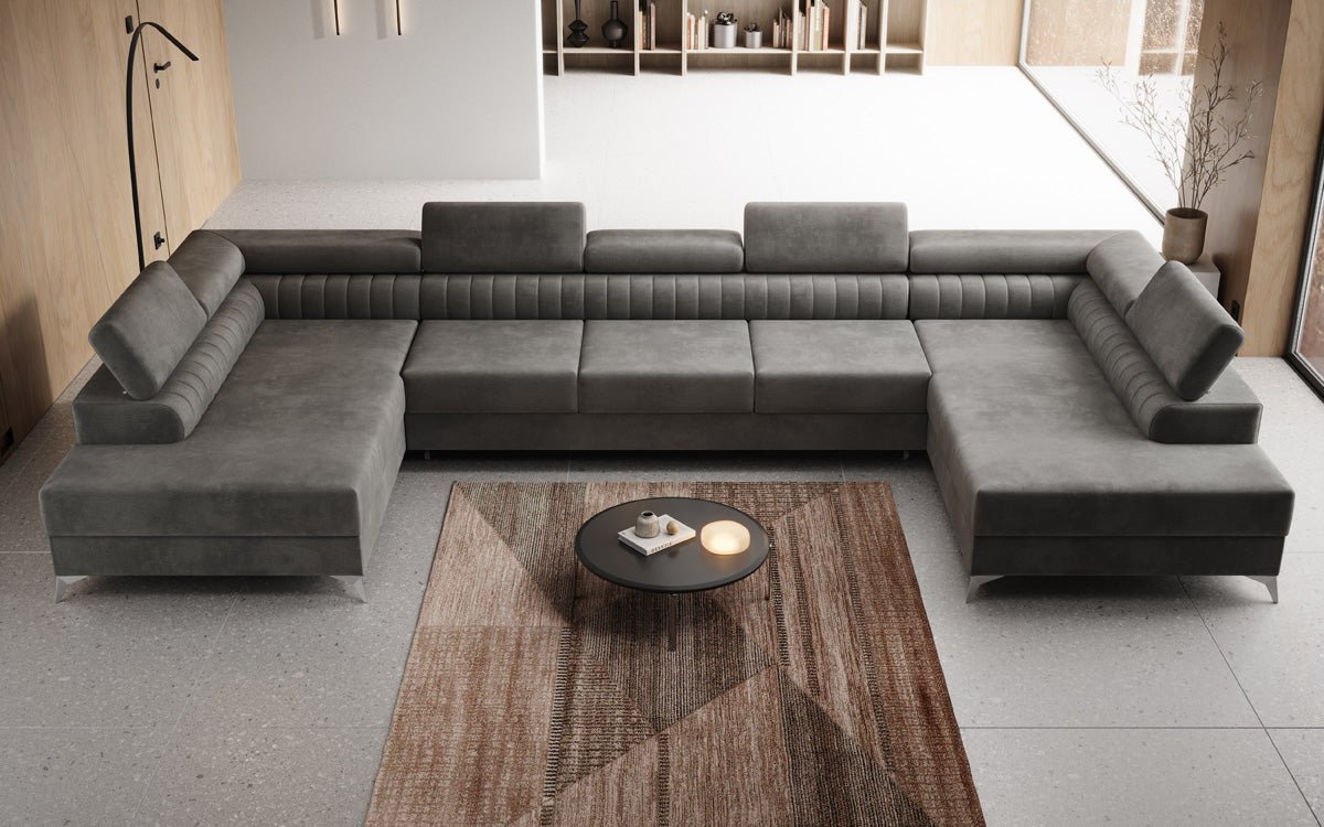 Designer Sofa Aurea U XXL mit Schlaf- und Klappfunktion in Samt