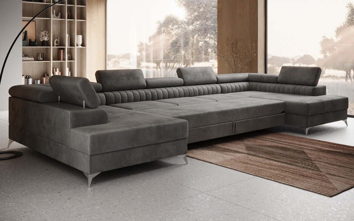 Designer Sofa Aurea U XXL mit Schlaf- und Klappfunktion in Samt