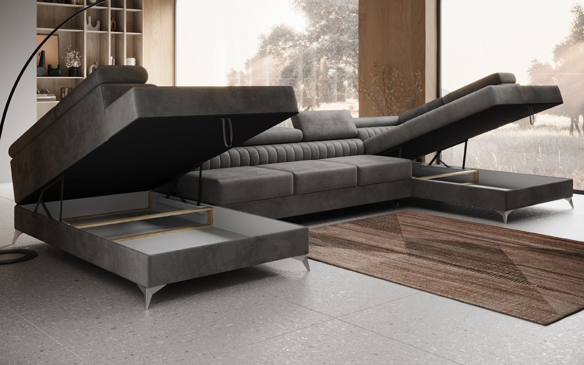 Designer Sofa Aurea U XXL mit Schlaf- und Klappfunktion in Samt