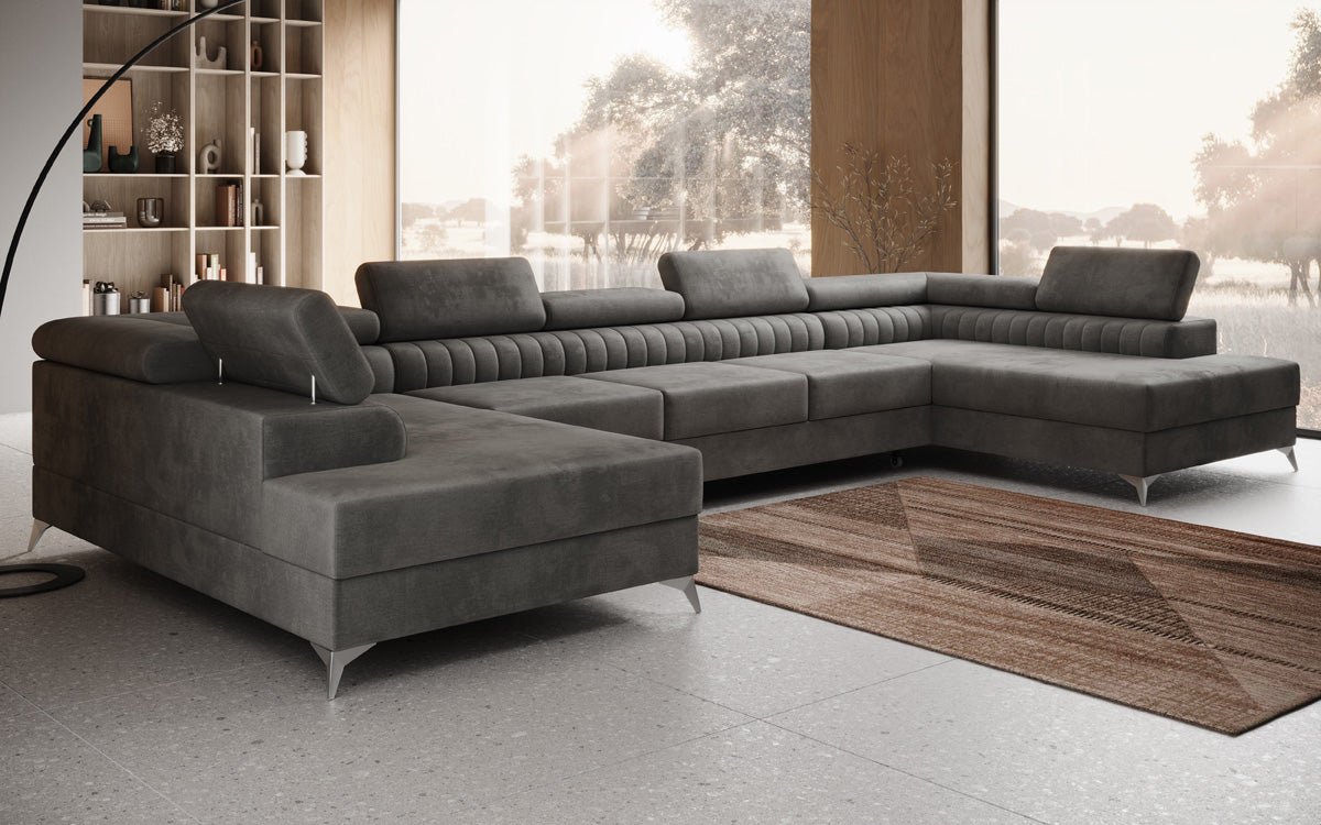 Designer Sofa Aurea U XXL mit Schlaf- und Klappfunktion in Samt