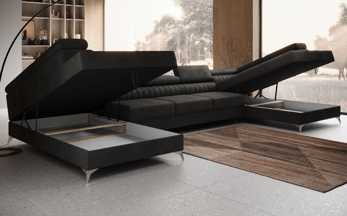 Designer Sofa Aurea U XXL mit Schlaf- und Klappfunktion in Samt
