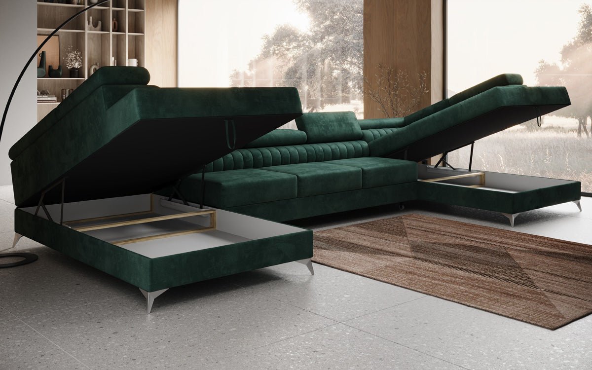 Designer Sofa Aurea U XXL mit Schlaf- und Klappfunktion in Samt