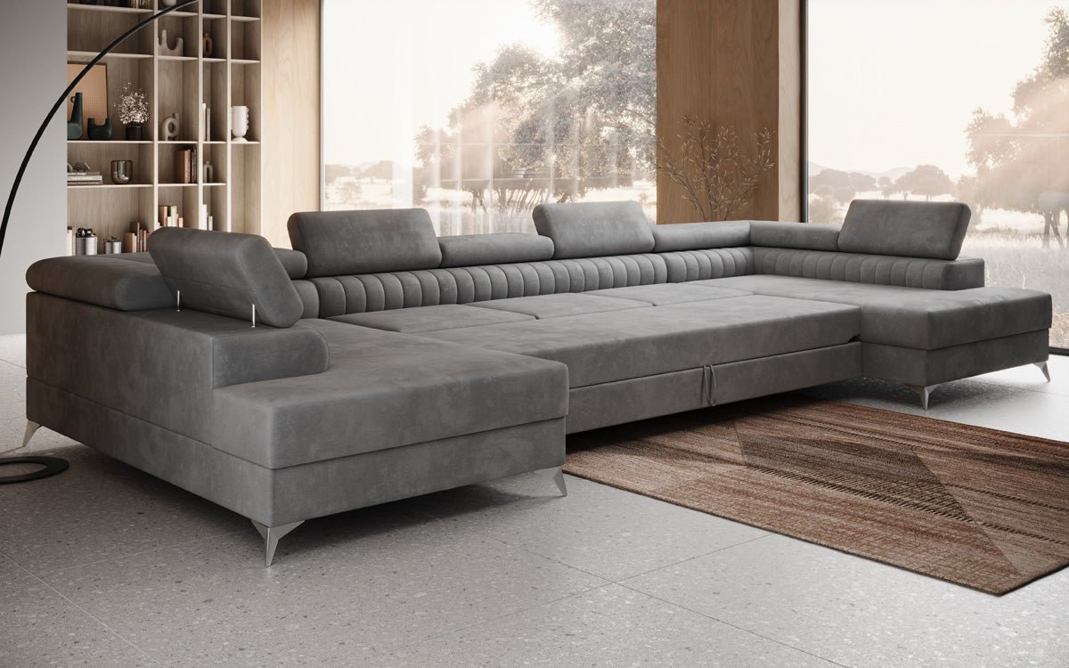 Designer Sofa Aurea U XXL mit Schlaf- und Klappfunktion in Samt