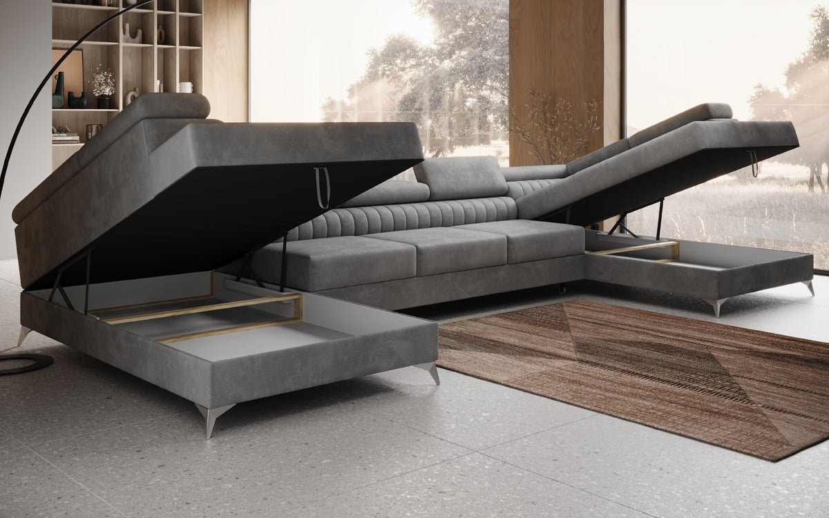 Designer Sofa Aurea U XXL mit Schlaf- und Klappfunktion in Samt