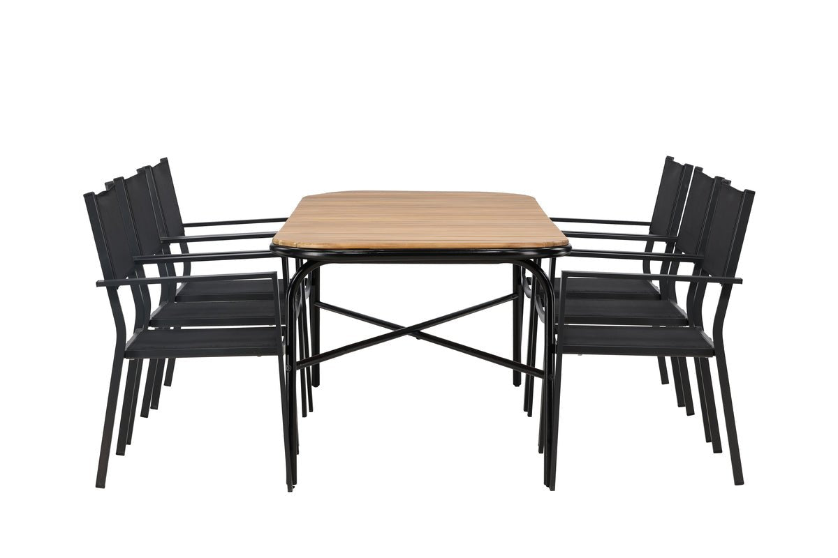 Garten Essgruppe Mirabell – 7-teiliges Gartenmöbel-Set mit Tisch aus Akazie und schwarzen Stühlen