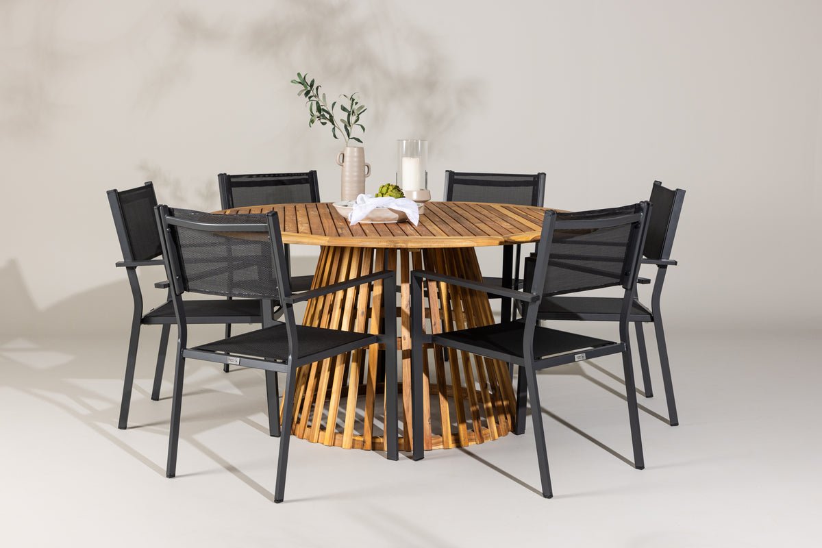 Garten Essgruppe Sona – 7-teiliges Gartenmöbel-Set mit schwarzen Stühlen und Tisch aus Akazie