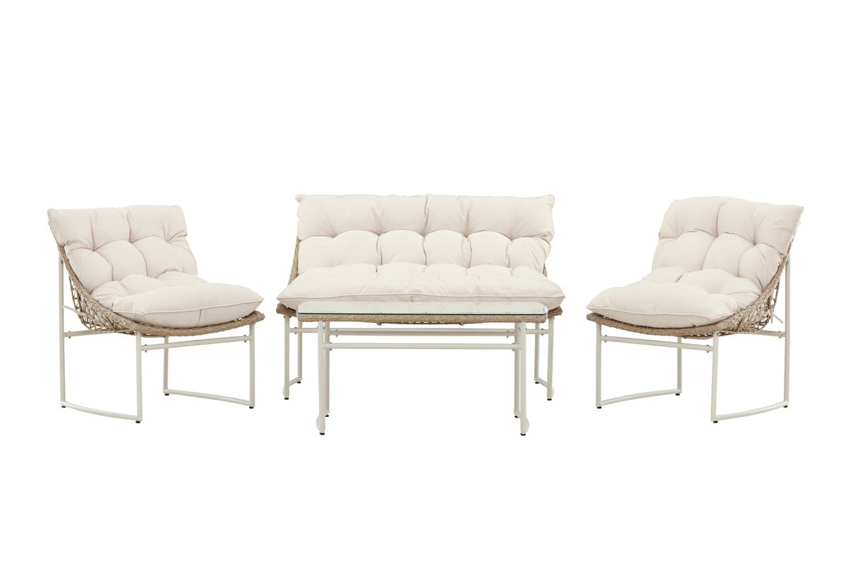 Garten Loungeset Alisa – 4-teilig mit Glastisch & beigen Sitzkissen