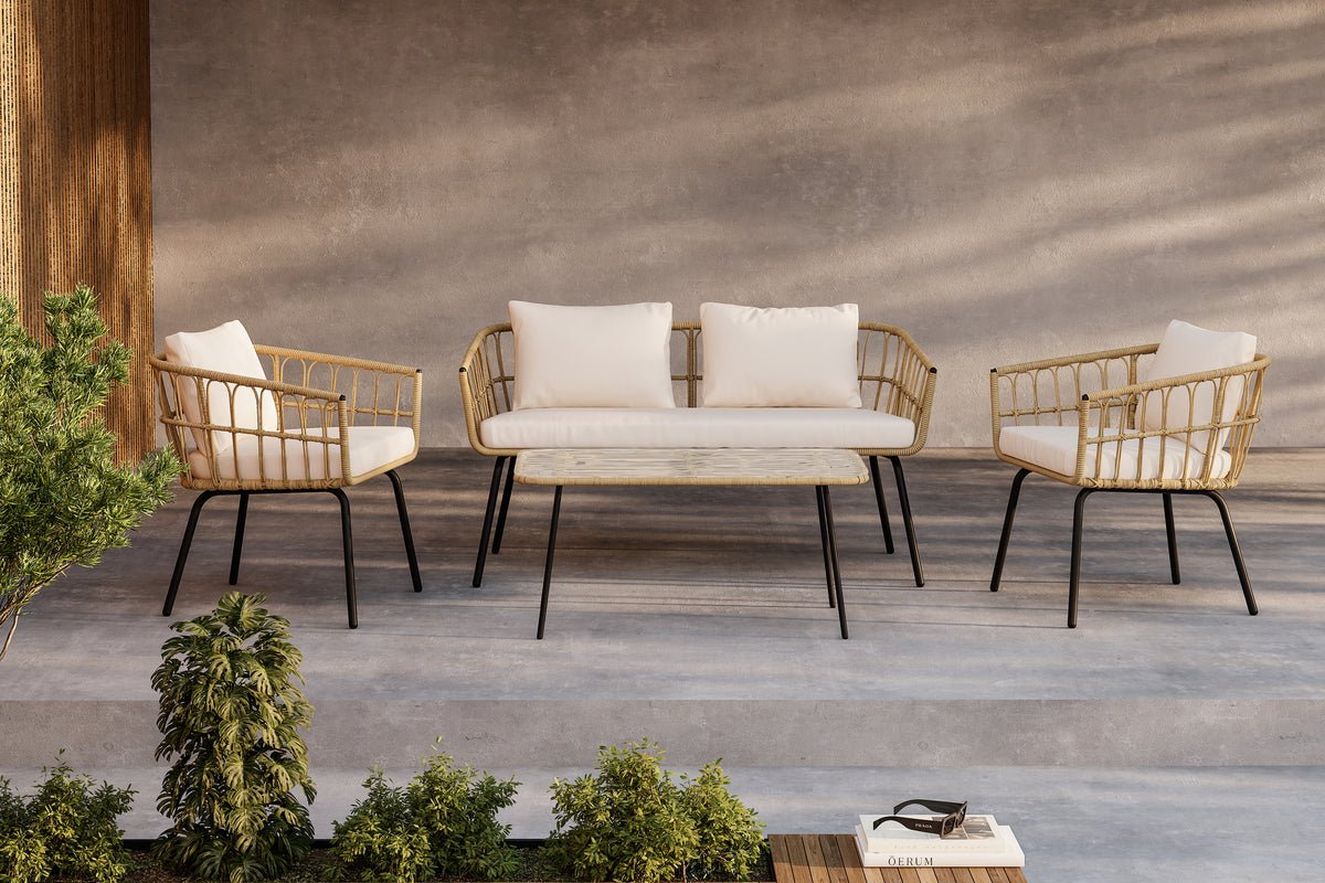 Garten Loungeset Arima – aus Rattan & Metall mit Glasplatte
