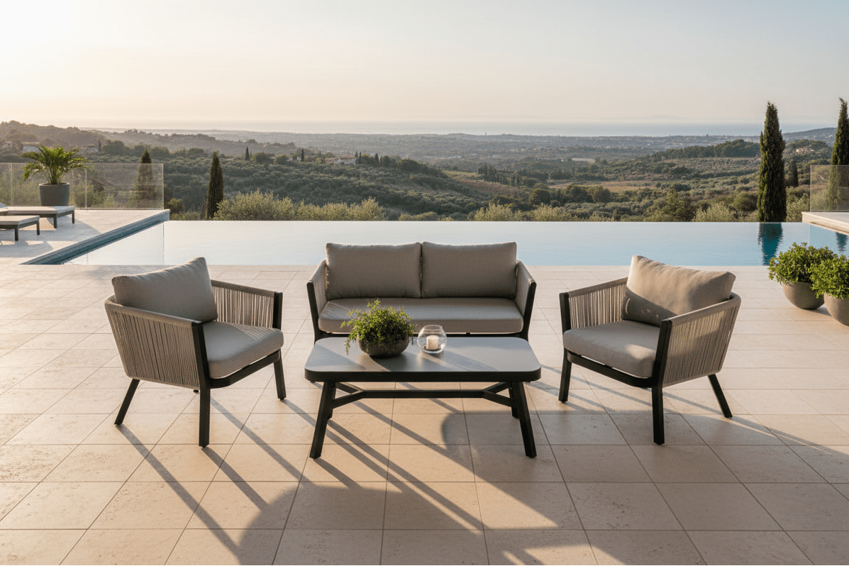 Garten Loungeset Mira – 4-teiliges Set mit grauer Glasplatte