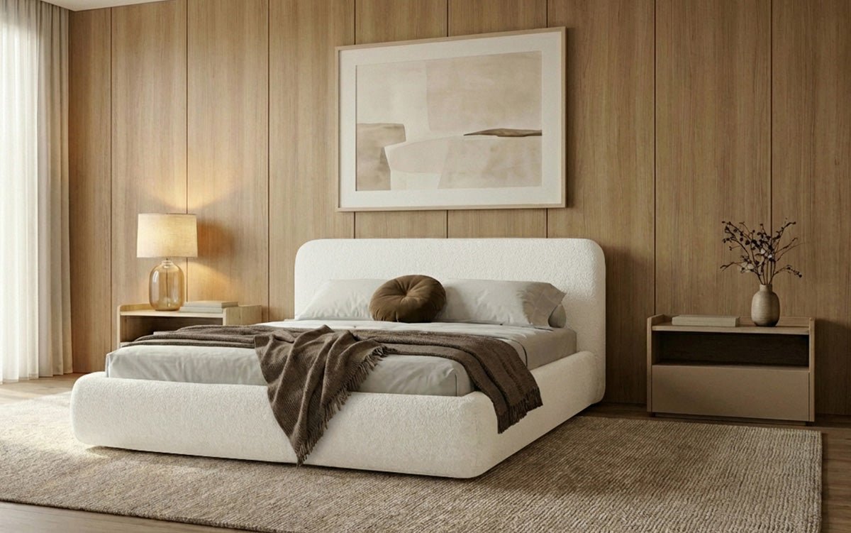 Designer Polsterbett Arosa in Bouclé mit Stauraum