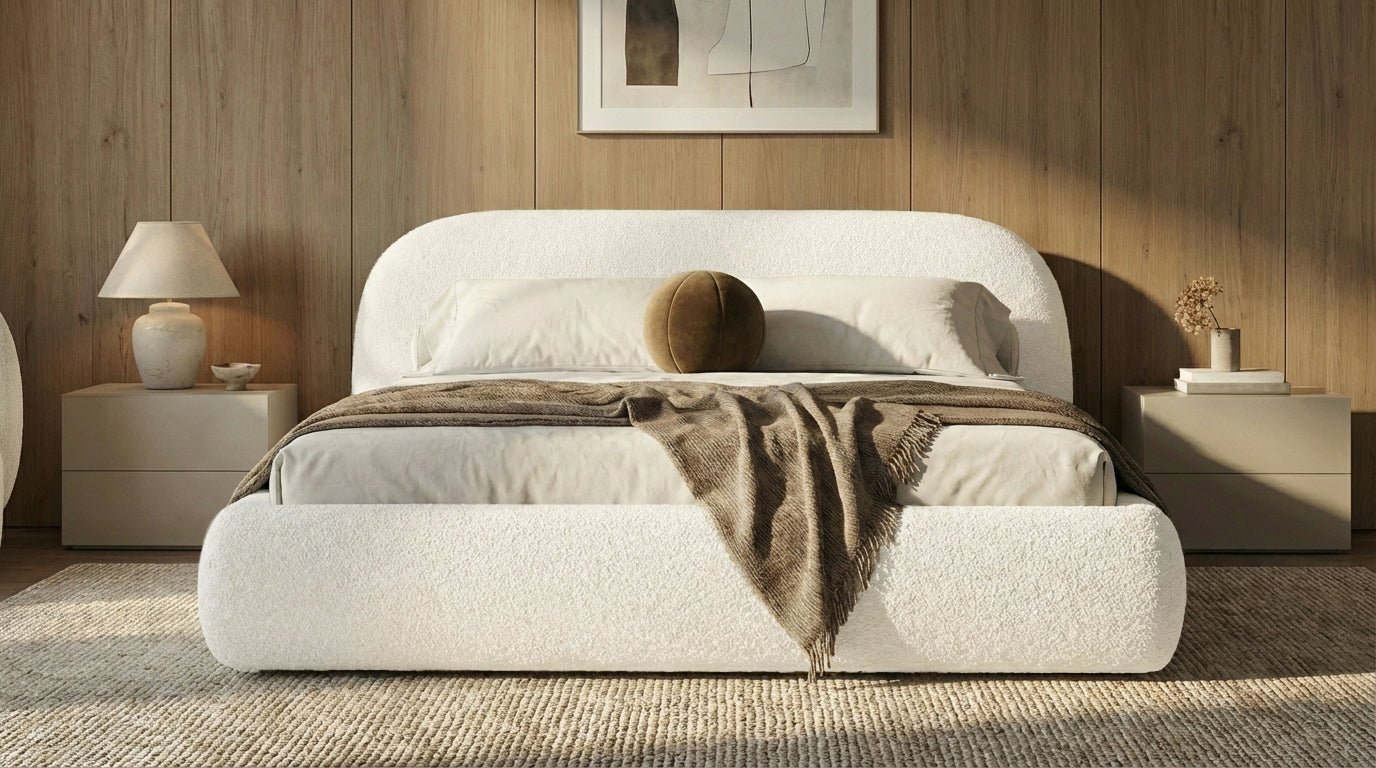 Designer Polsterbett Luma in Bouclé mit Stauraum