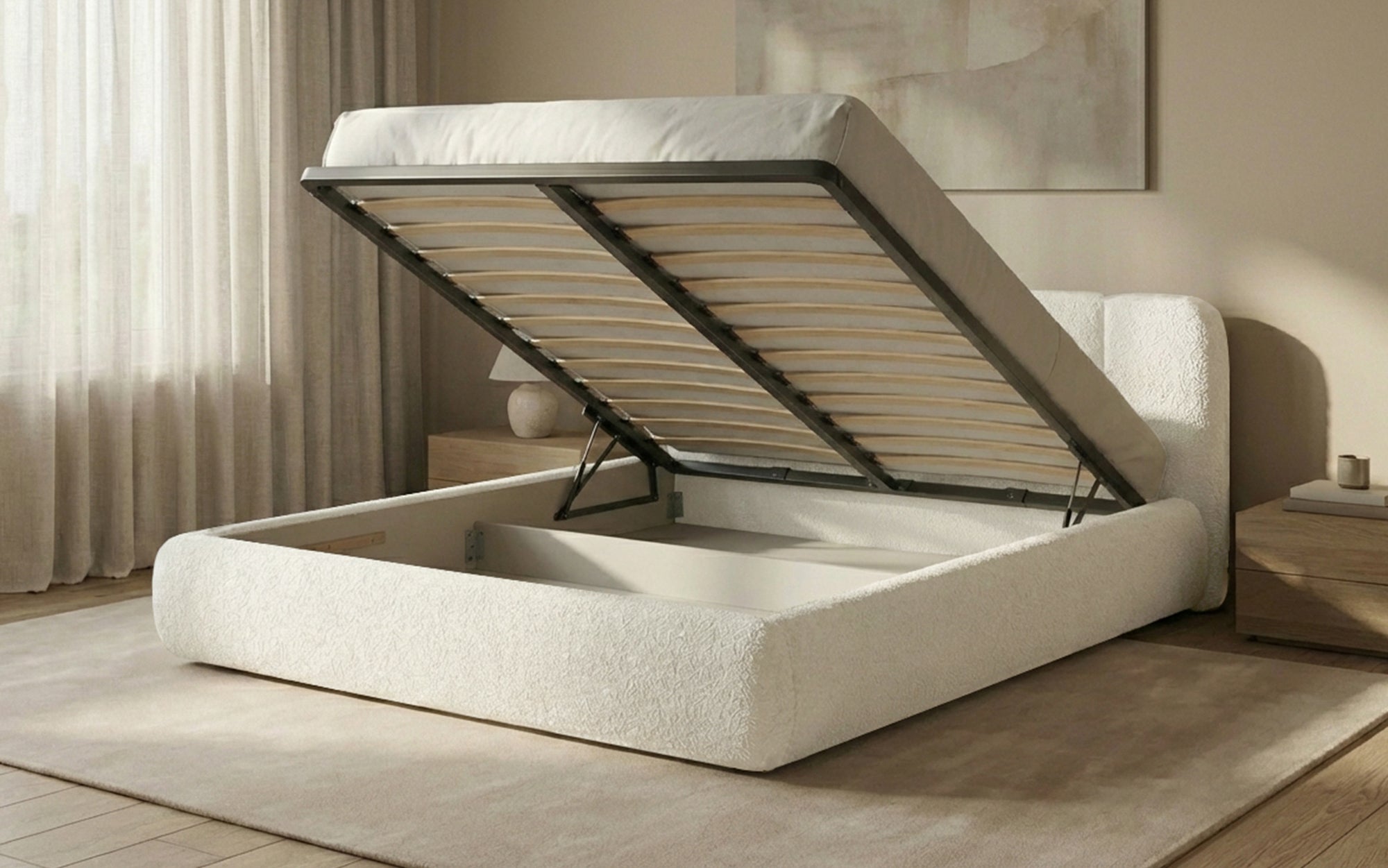 Designer Polsterbett Avelo in Bouclé mit Stauraum