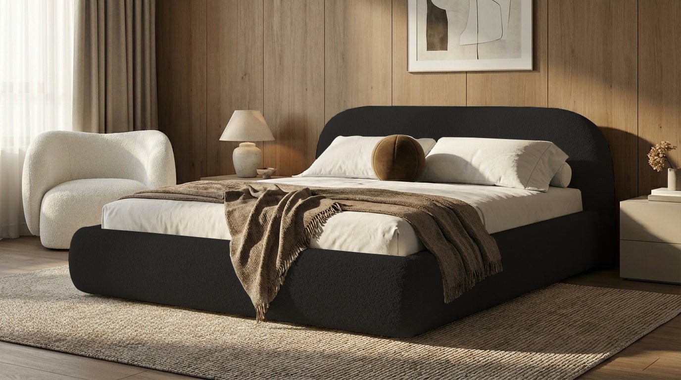 Designer Polsterbett Luma in Bouclé mit Stauraum