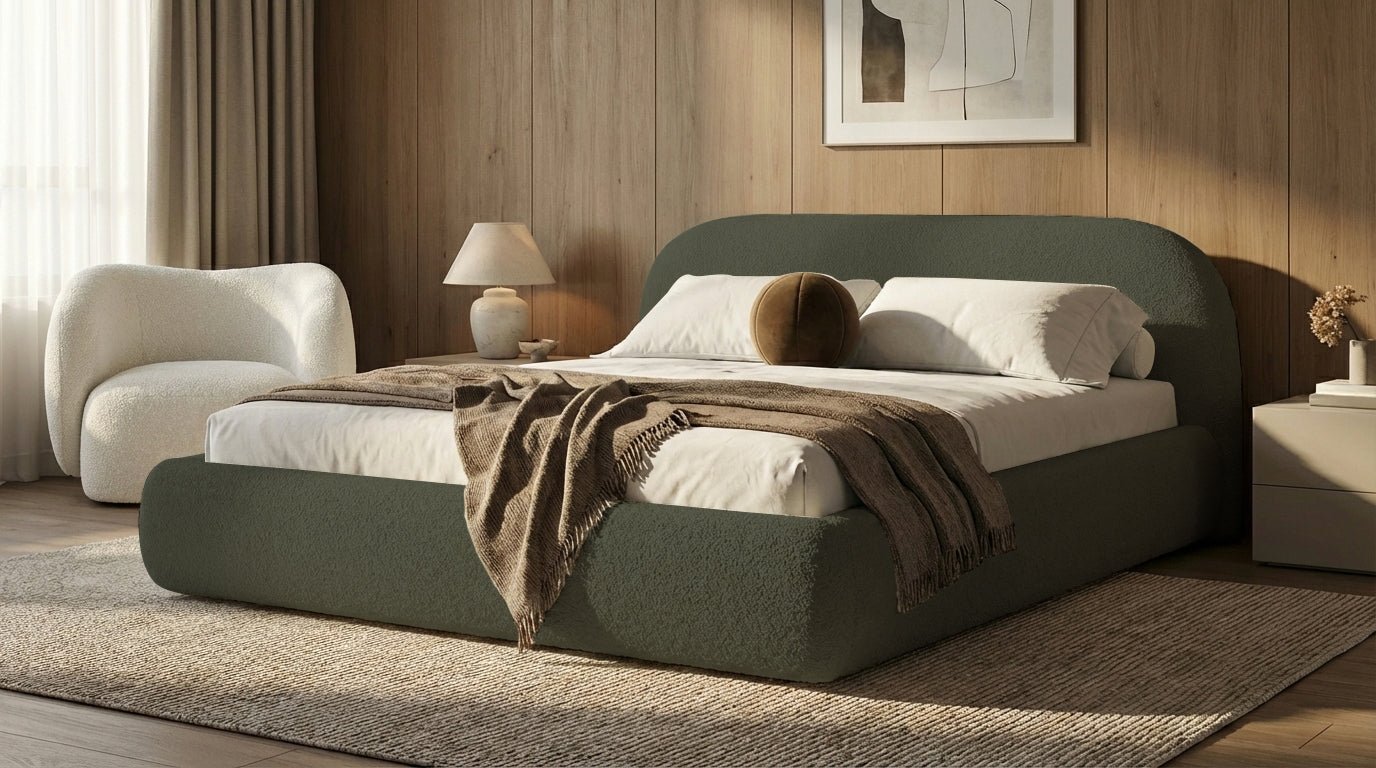 Designer Polsterbett Luma in Bouclé mit Stauraum