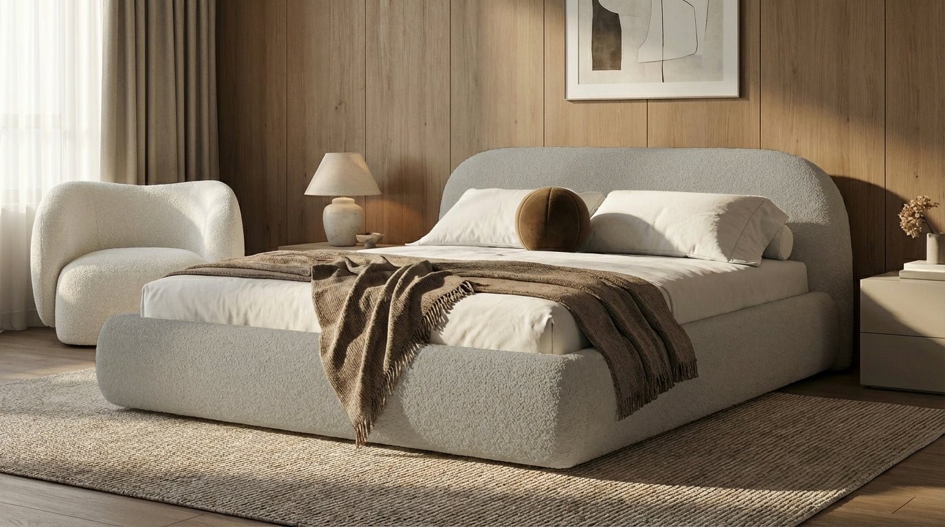 Designer Polsterbett Luma in Bouclé mit Stauraum