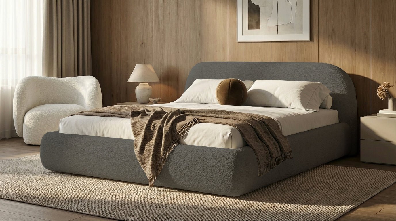 Designer Polsterbett Luma in Bouclé mit Stauraum