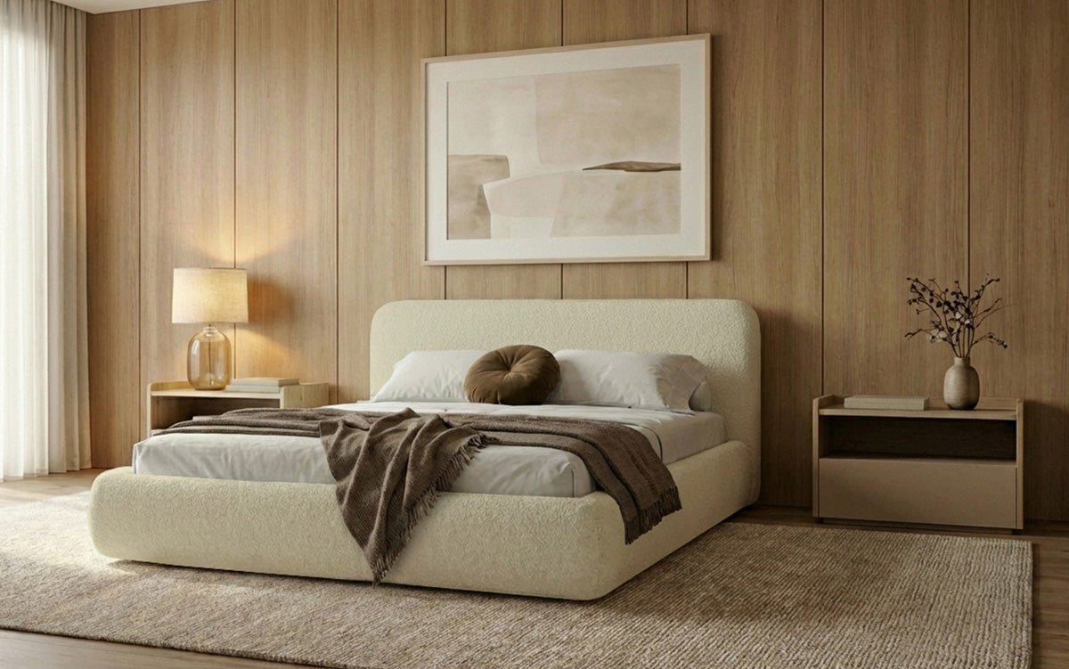 Designer Polsterbett Arosa in Bouclé mit Stauraum