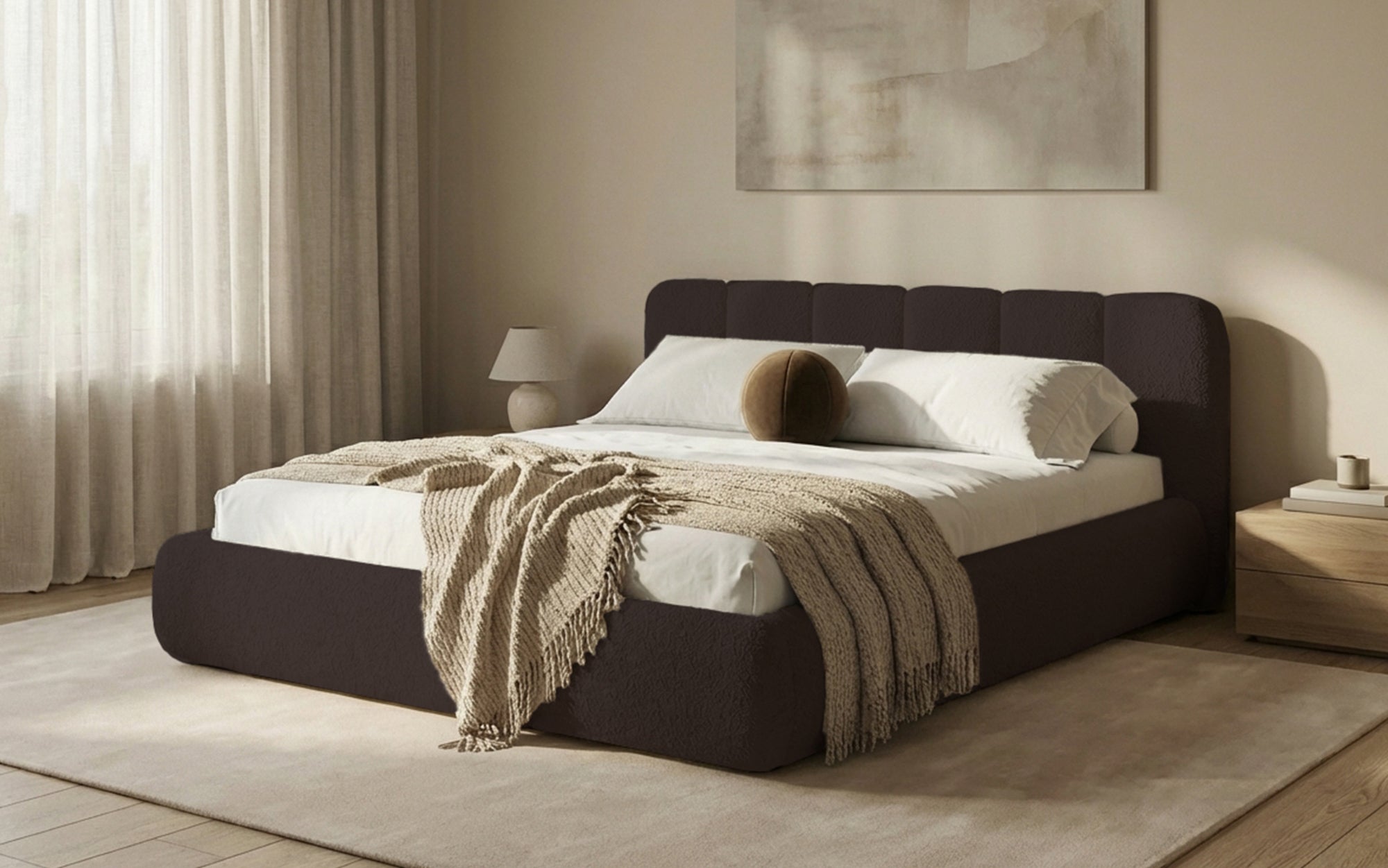 Designer Polsterbett Avelo in Bouclé mit Stauraum