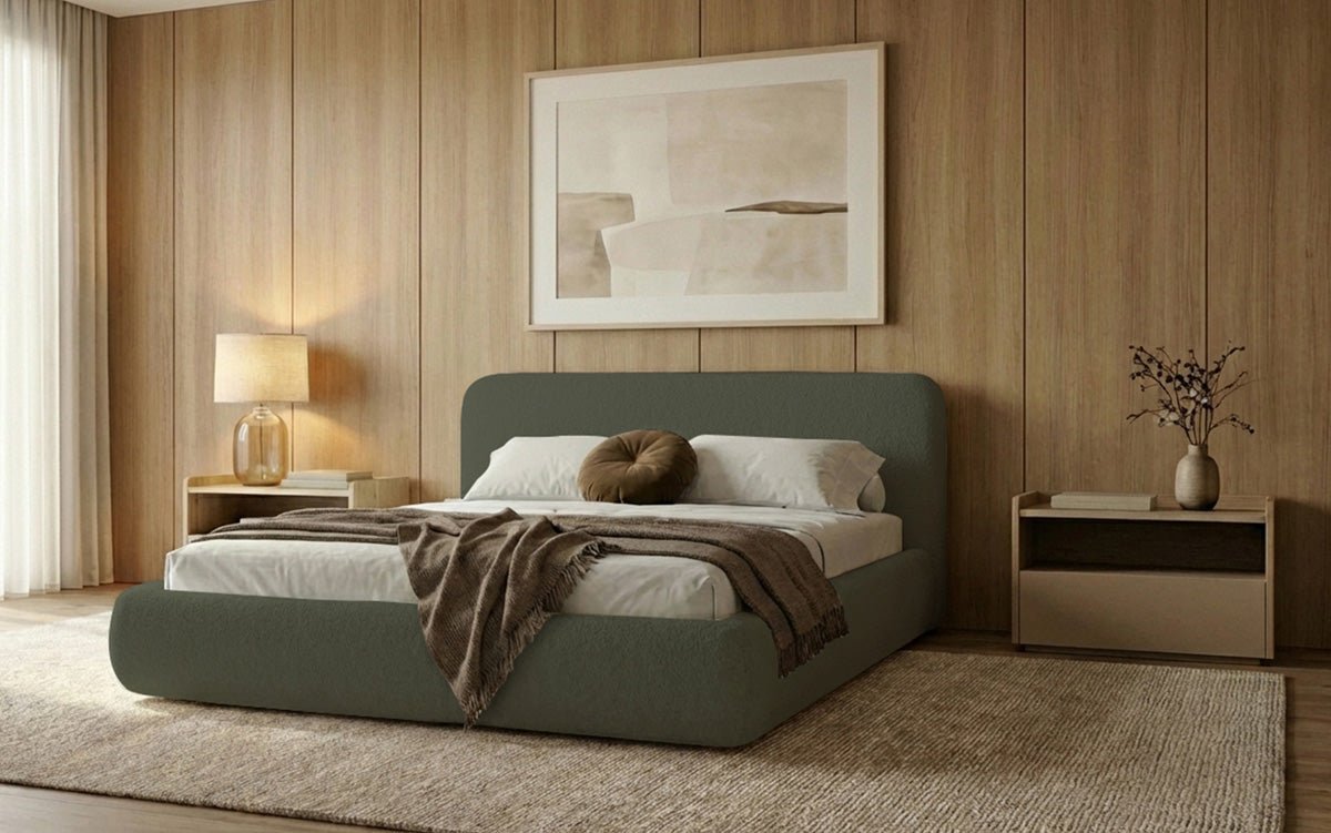 Designer Polsterbett Arosa in Bouclé mit Stauraum