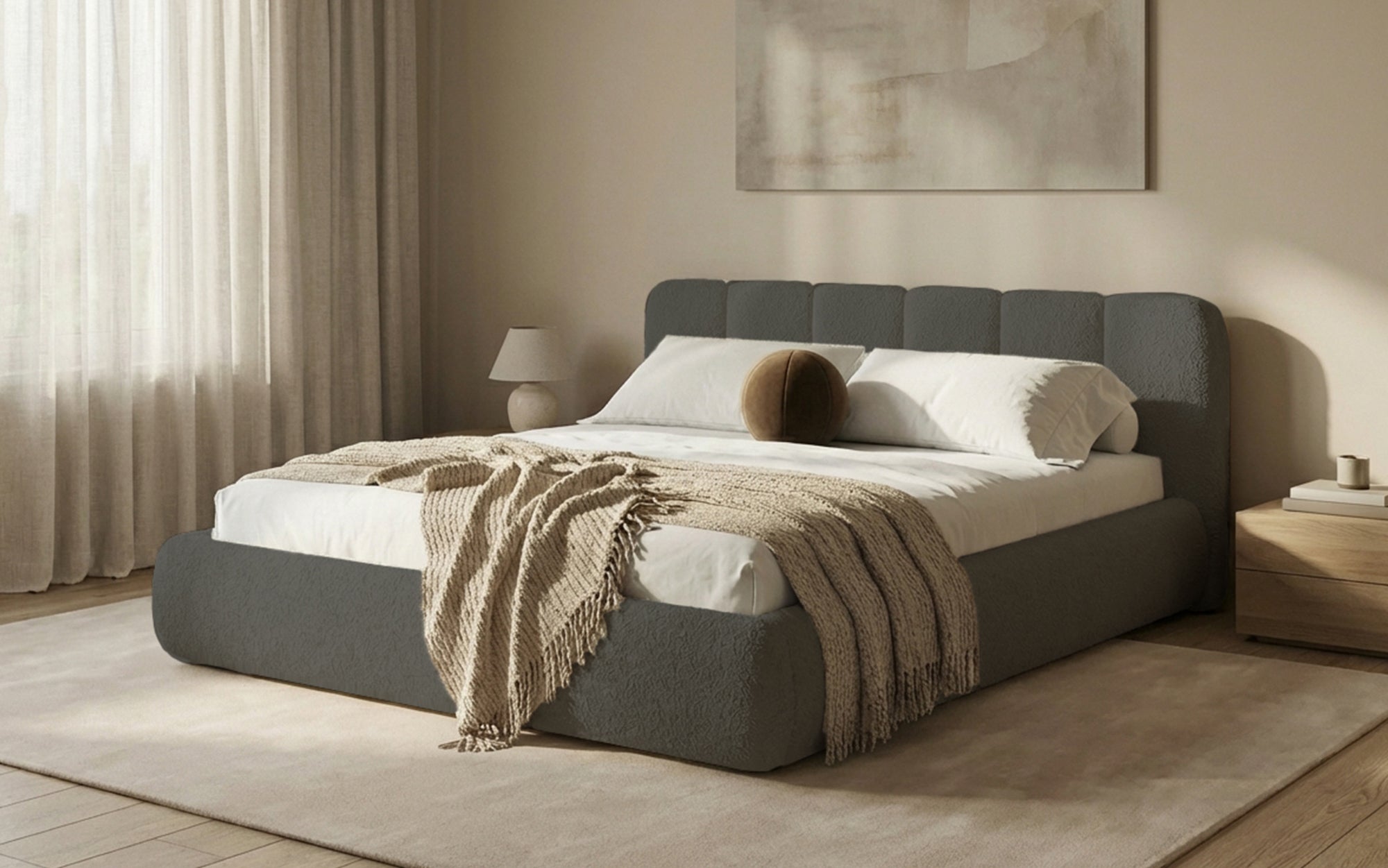 Designer Polsterbett Avelo in Bouclé mit Stauraum