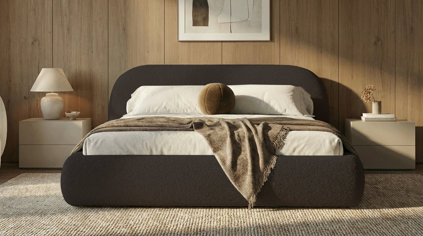 Designer Polsterbett Luma in Bouclé mit Stauraum