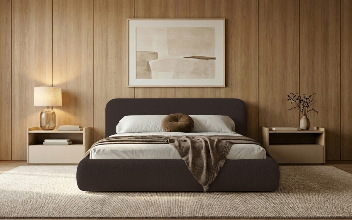 Designer Polsterbett Arosa in Bouclé mit Stauraum