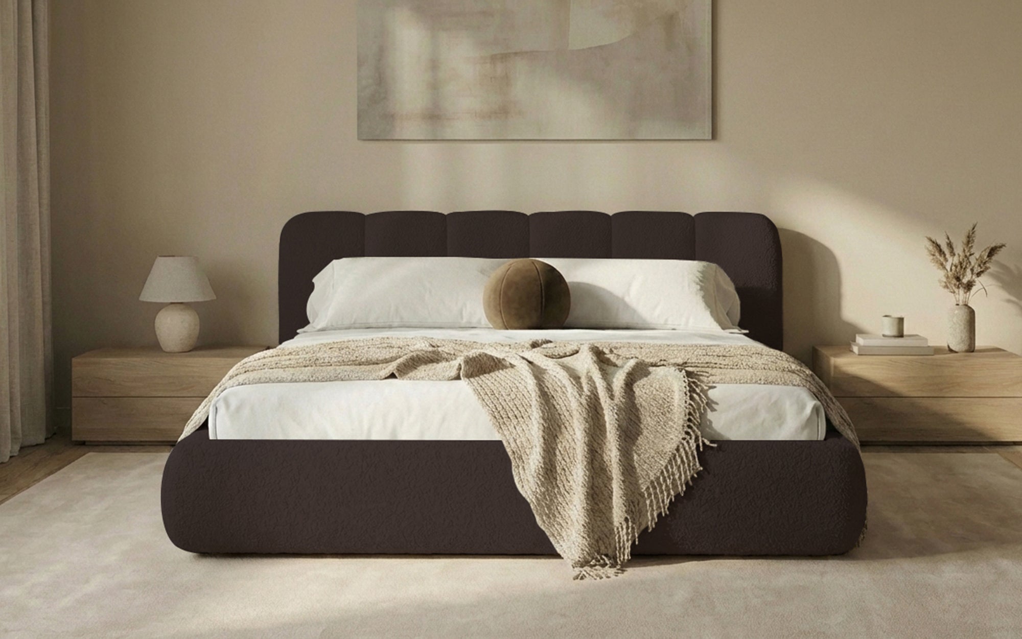 Designer Polsterbett Avelo in Bouclé mit Stauraum