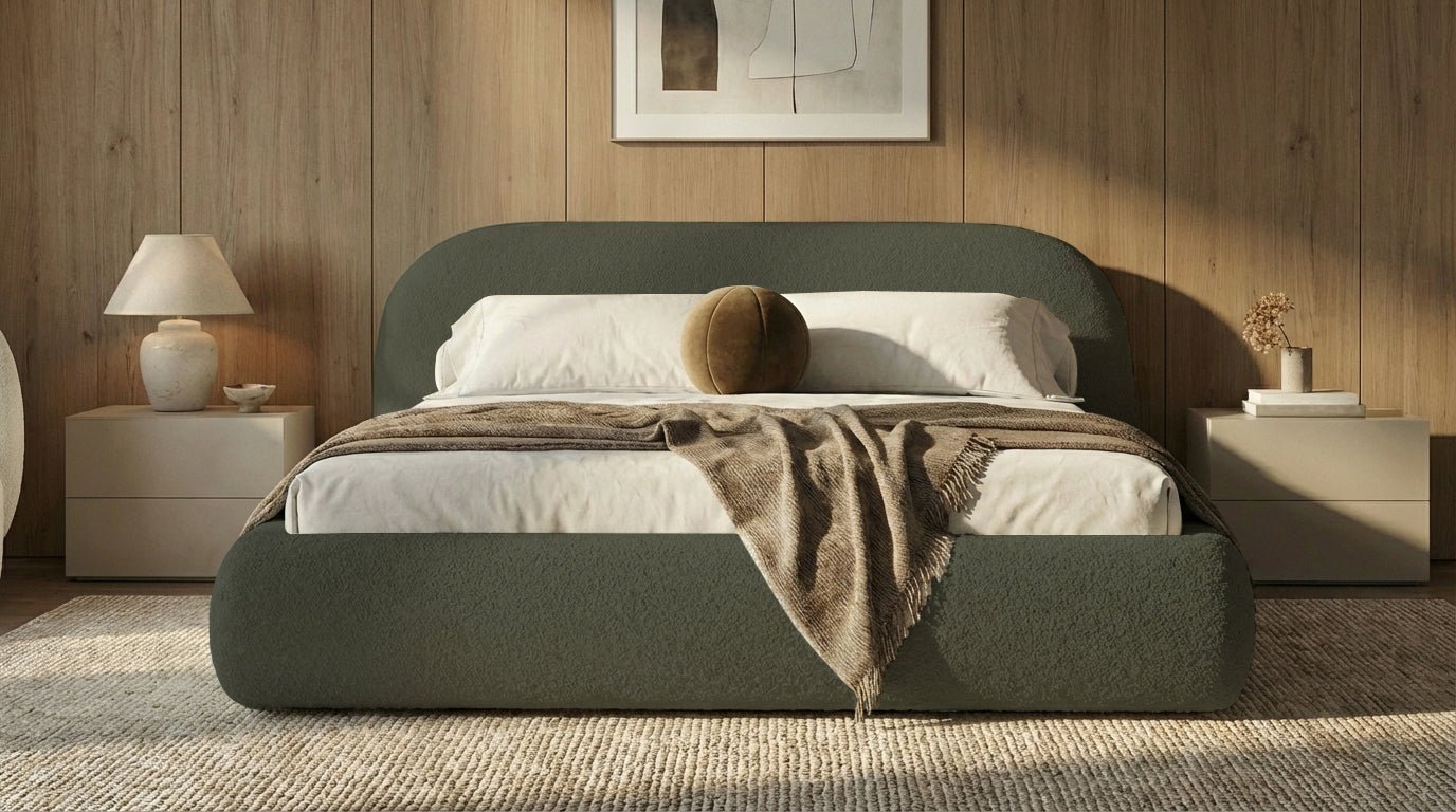 Designer Polsterbett Luma in Bouclé mit Stauraum