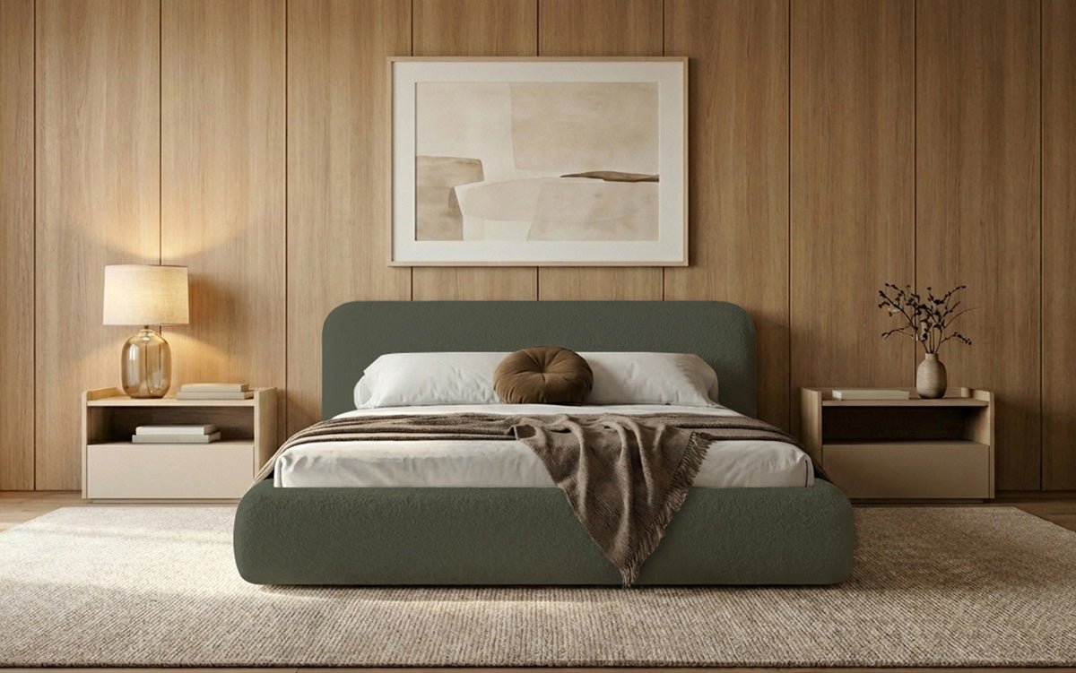 Designer Polsterbett Arosa in Bouclé mit Stauraum