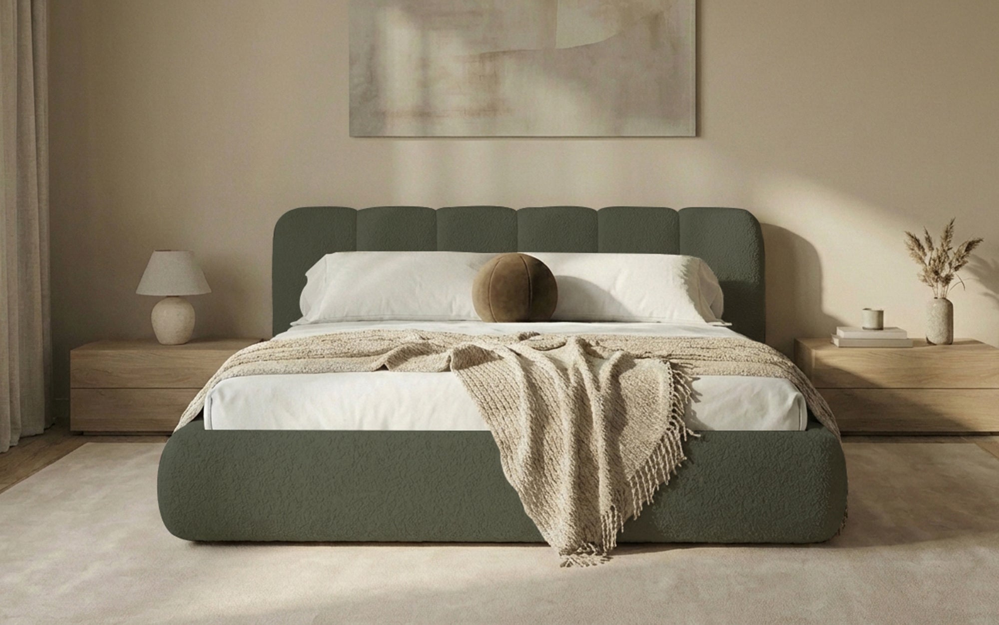 Designer Polsterbett Avelo in Bouclé mit Stauraum