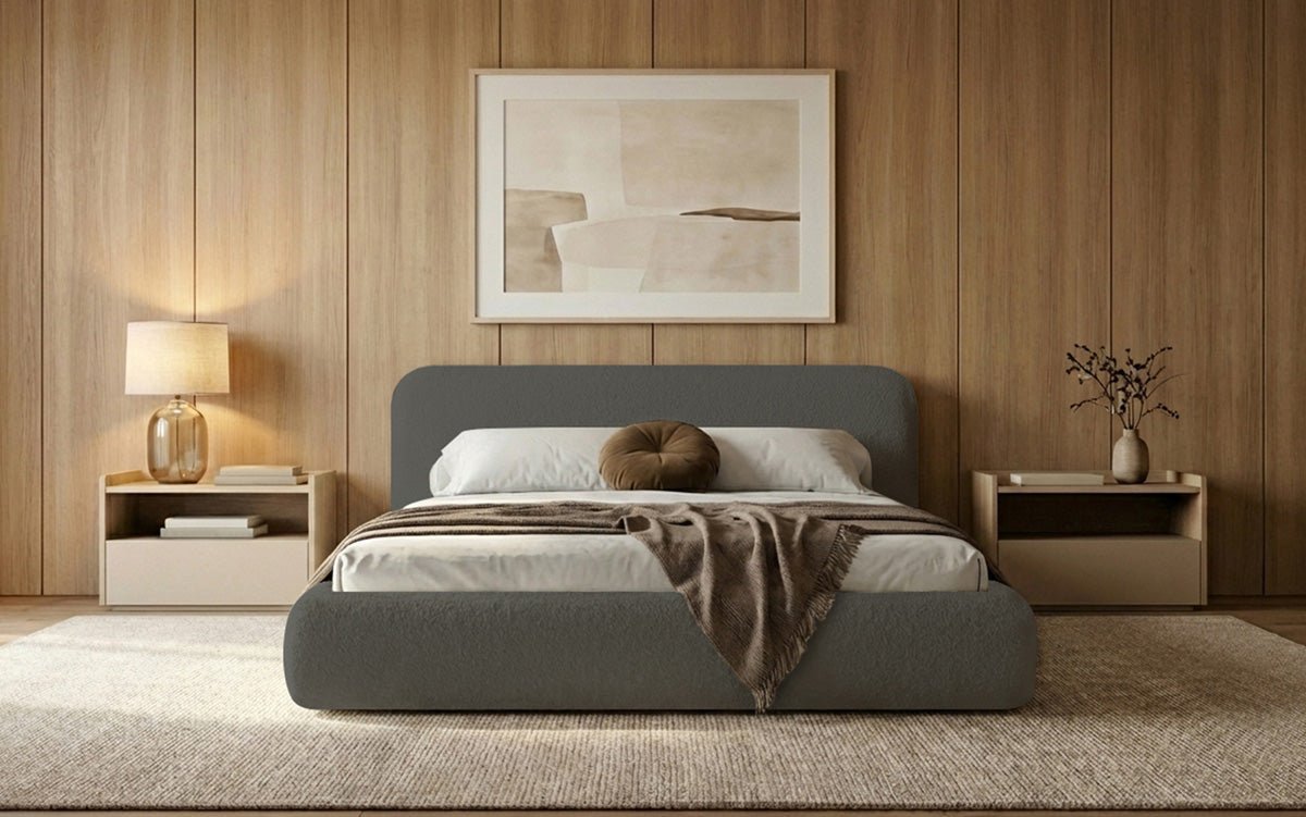 Designer Polsterbett Arosa in Bouclé mit Stauraum