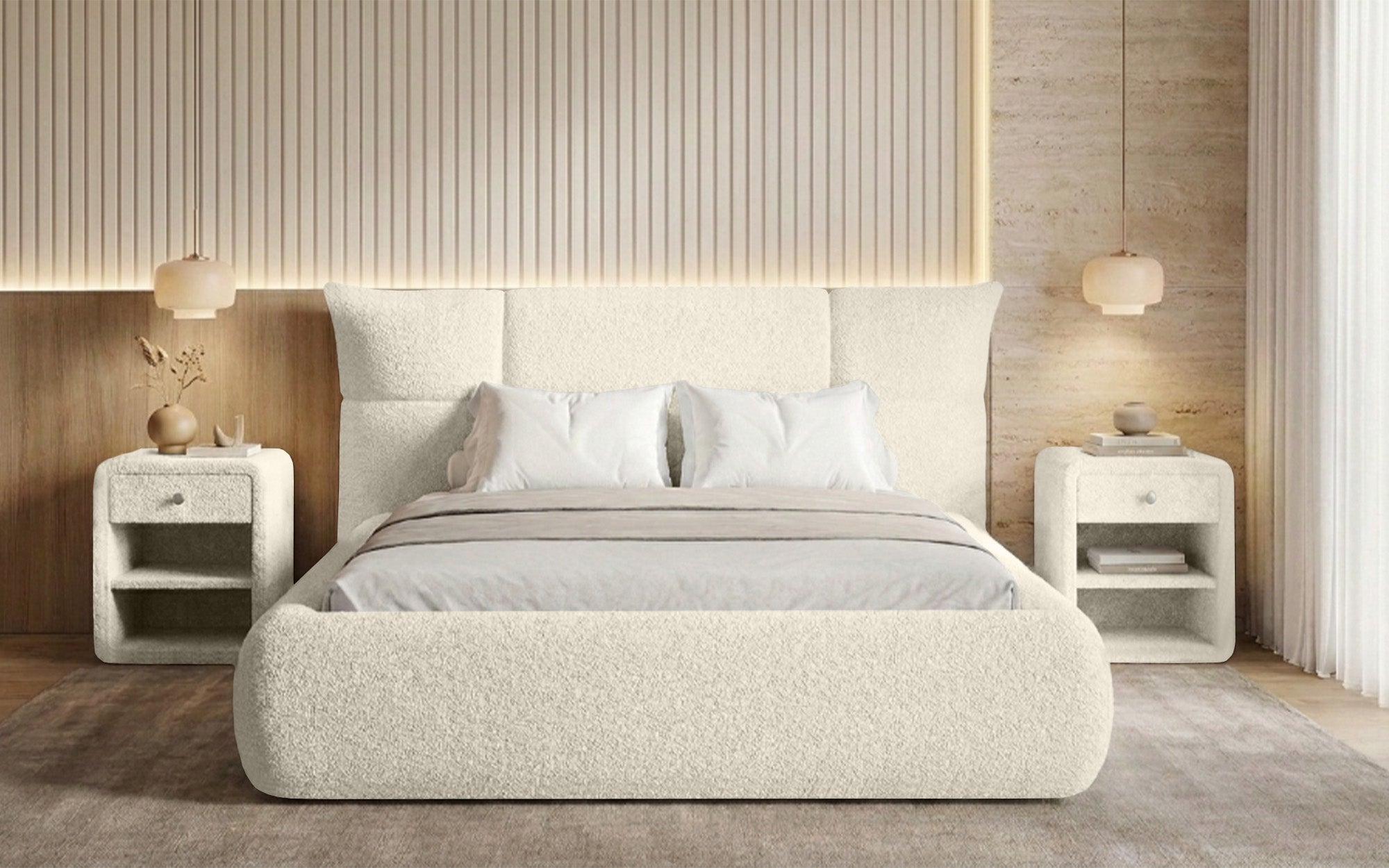 Designer Polsterbett Gioia in Teddy Bouclé mit Stauraum
