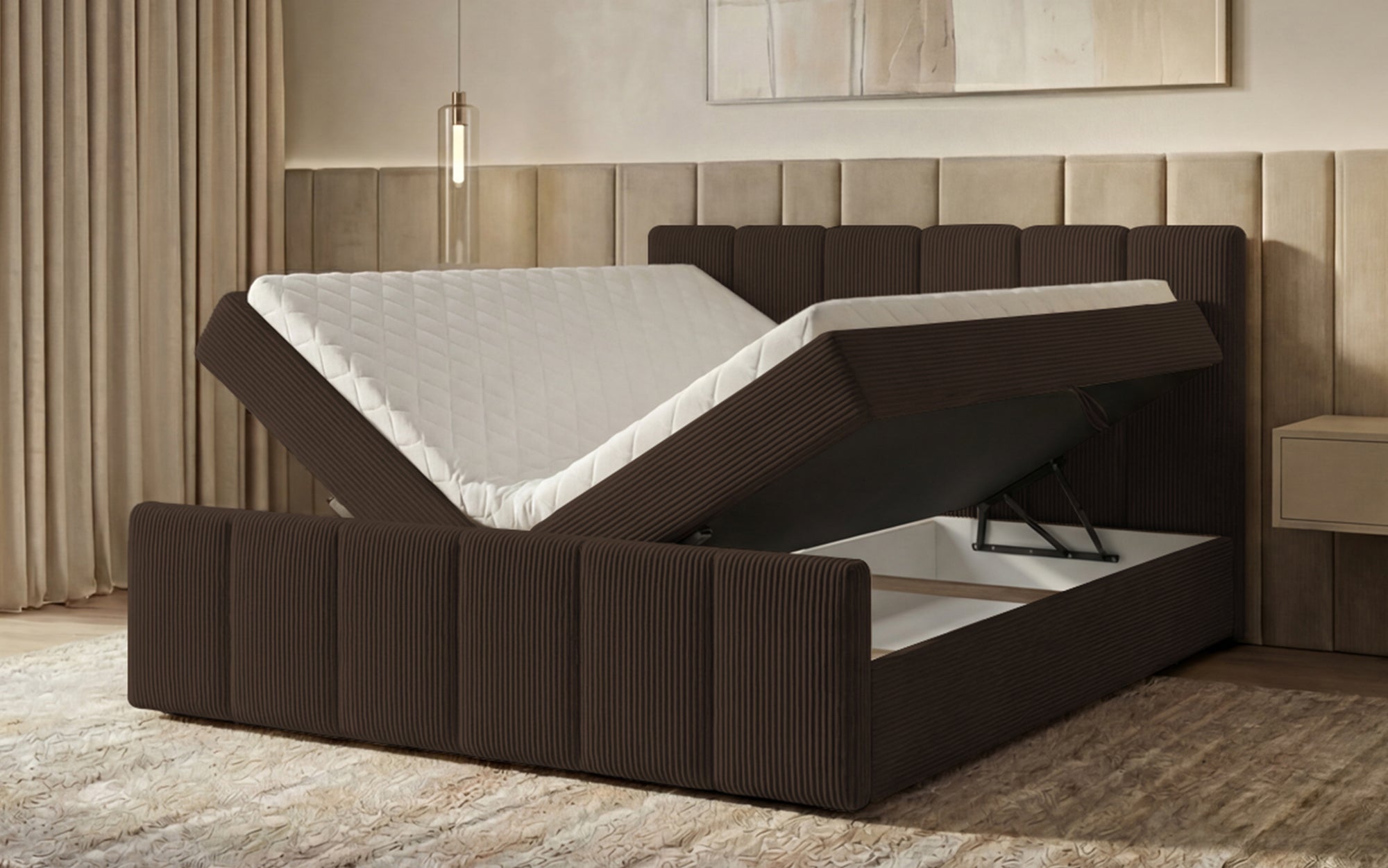 Boxspringbett Siena mit hochklappbarem Stauraum in Cord