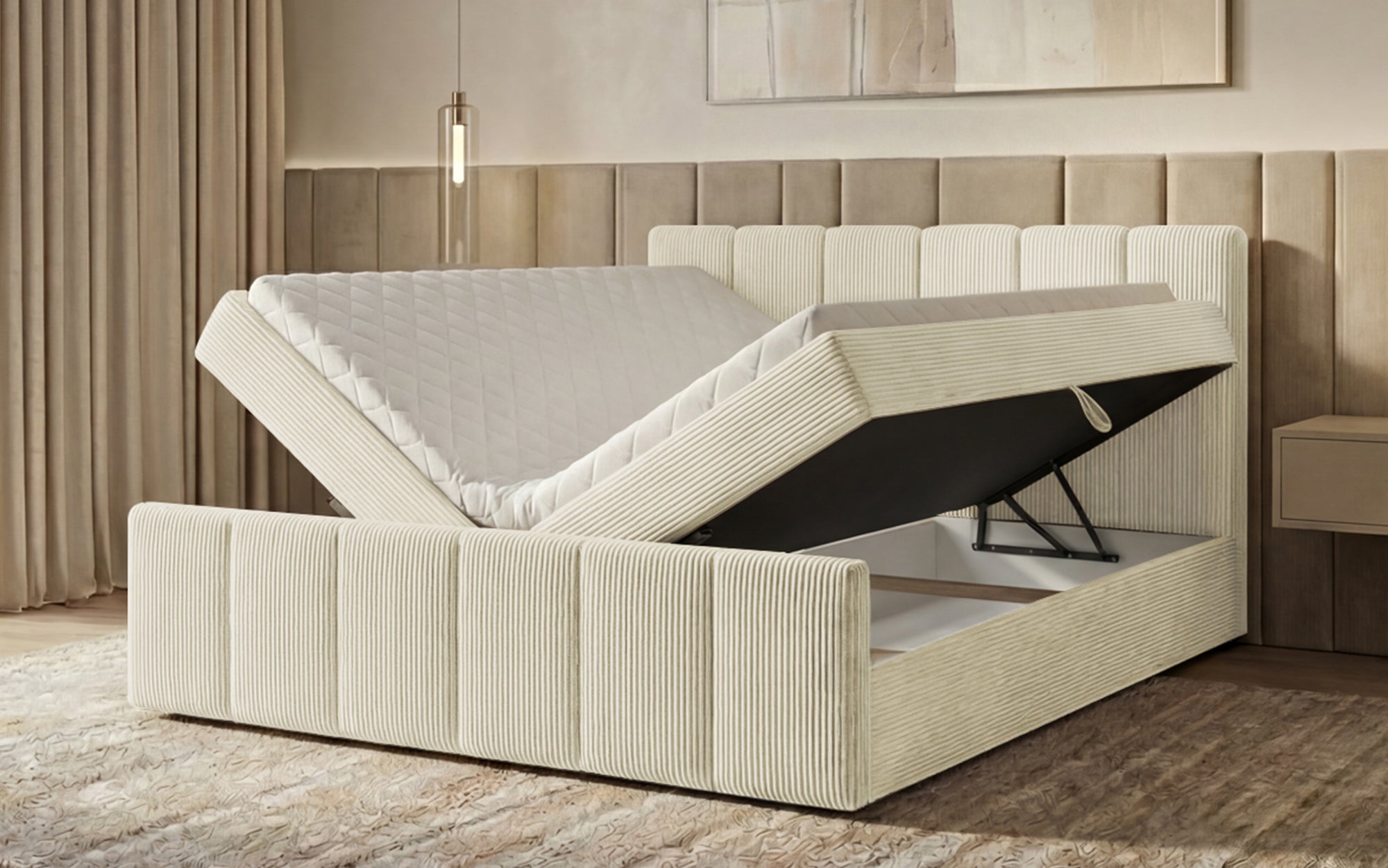 Boxspringbett Siena mit hochklappbarem Stauraum in Cord