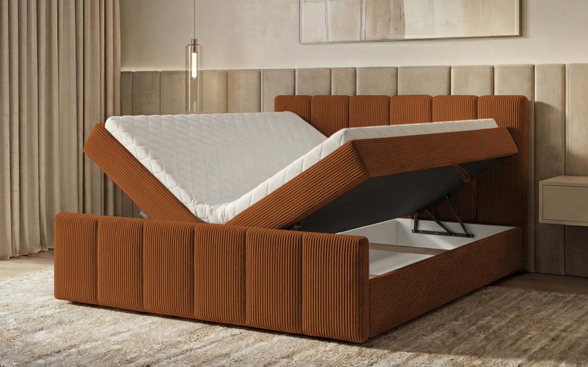 Boxspringbett Siena mit hochklappbarem Stauraum in Cord
