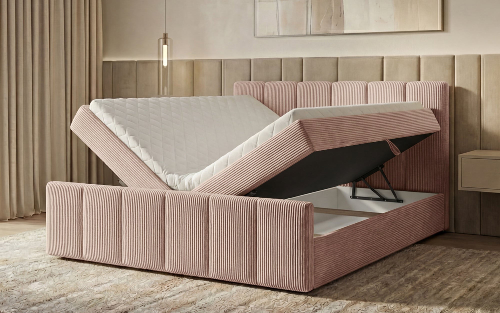 Boxspringbett Siena mit hochklappbarem Stauraum in Cord