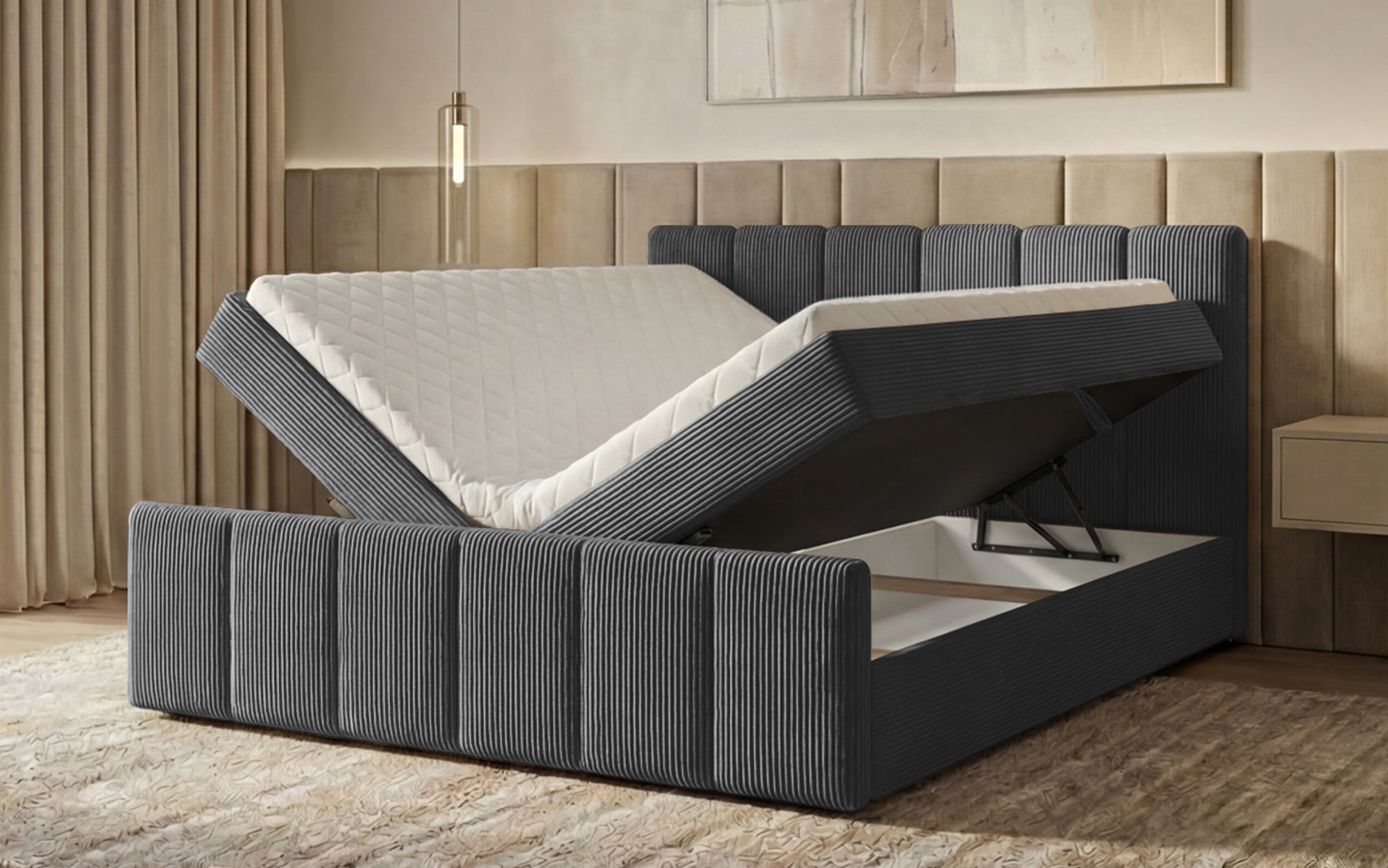 Boxspringbett Siena mit hochklappbarem Stauraum in Cord